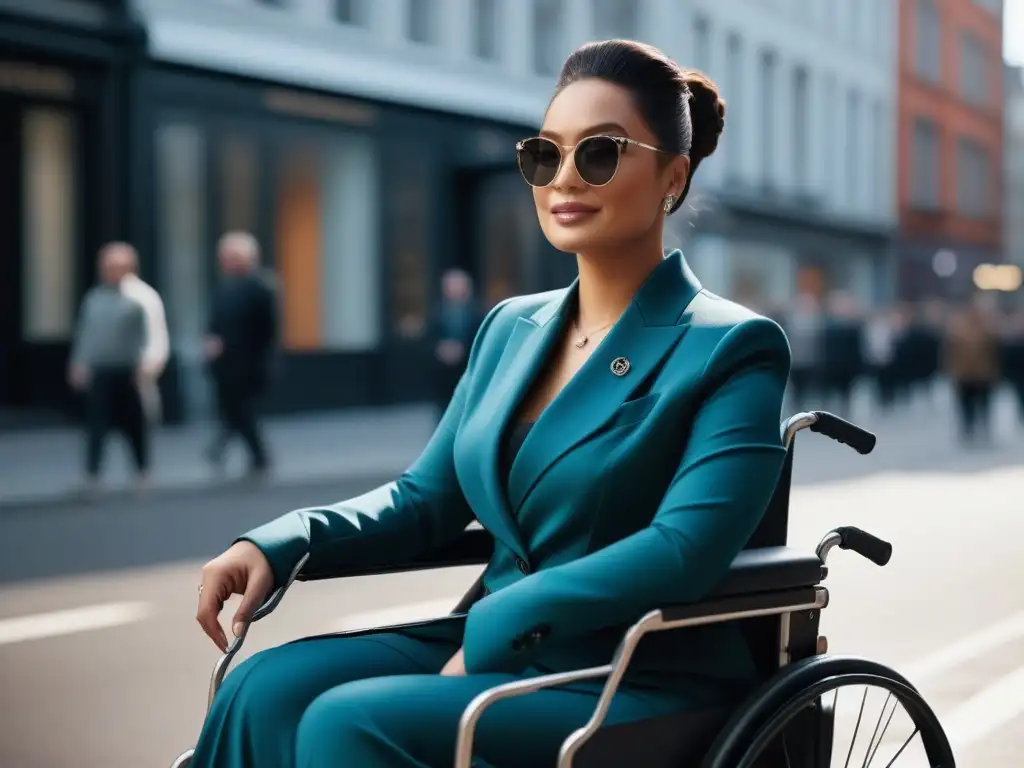 Moda inclusiva: mujer en silla de ruedas con estilo Una joven en silla de ruedas luce un moderno y elegante atuendo adaptativo en una concurrida ciudad