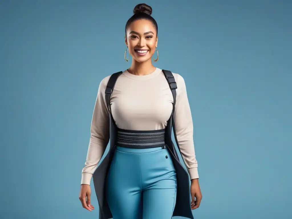Moda adaptativa: diseño innovador para una mujer sonriente Una joven sonriente en un atuendo de moda adaptativa, innovador y elegante