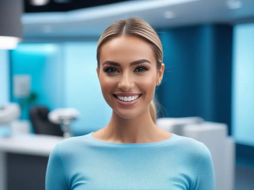 Sonrisa perfecta: resultado de tratamientos dentales personalizados Joven sonriente en consultorio dental moderno después de Tratamientos dentales cosméticos personalizados