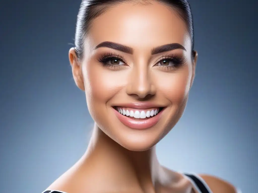 Sonrisa radiante: resultados de tratamientos dentales personalizados 'Una joven sonriente con dientes blancos perfectamente alineados, destaca la belleza de los Tratamientos estéticos dentales personalizados en un entorno futurista y elegante