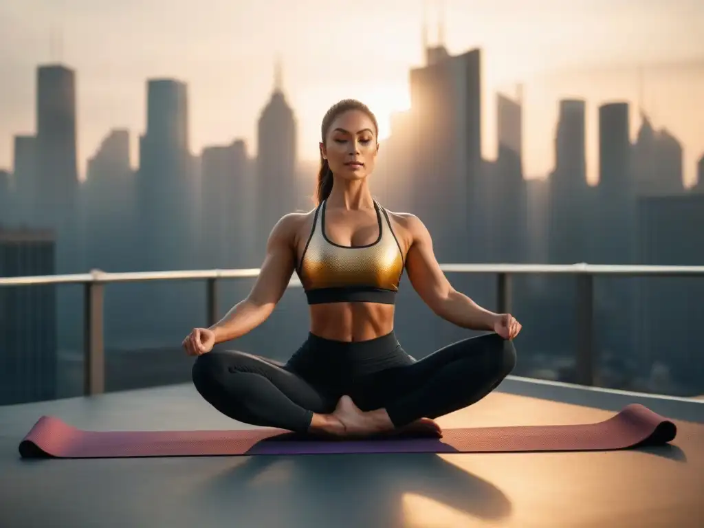 Yoga al amanecer: Mujer petite desafía la ciudad Joven haciendo yoga al amanecer en la azotea de la ciudad con tonos dorados resaltando su fuerza y flexibilidad