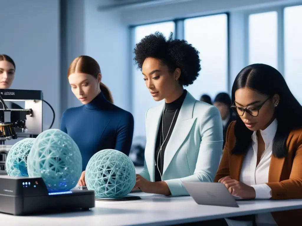 Diseñadores de moda crean con innovación y diversidad en aula futurista Jóvenes diseñadores crean moda inclusiva tallas especiales 3D en aula futurista luminosa