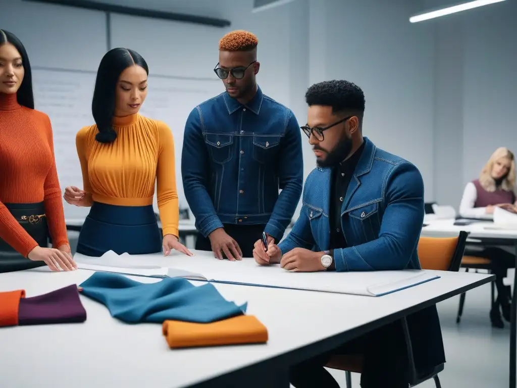 Inspiradora diversidad en el aula de moda Jóvenes diseñadores de moda trabajan juntos en un aula moderna, reflejando educación inclusiva en moda
