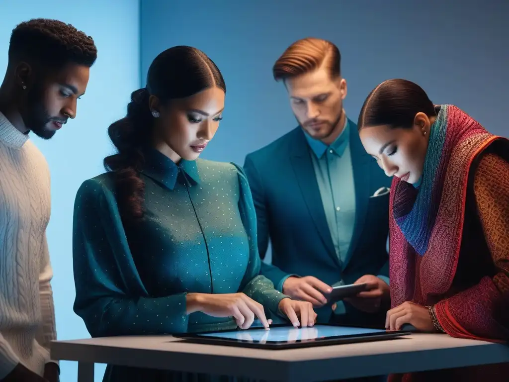 Diseñadores de moda innovadores trabajando en equipo en un estudio moderno Jóvenes diseñadores de moda trabajando juntos en un estudio moderno y luminoso, fusionando creatividad, tecnología y diversidad