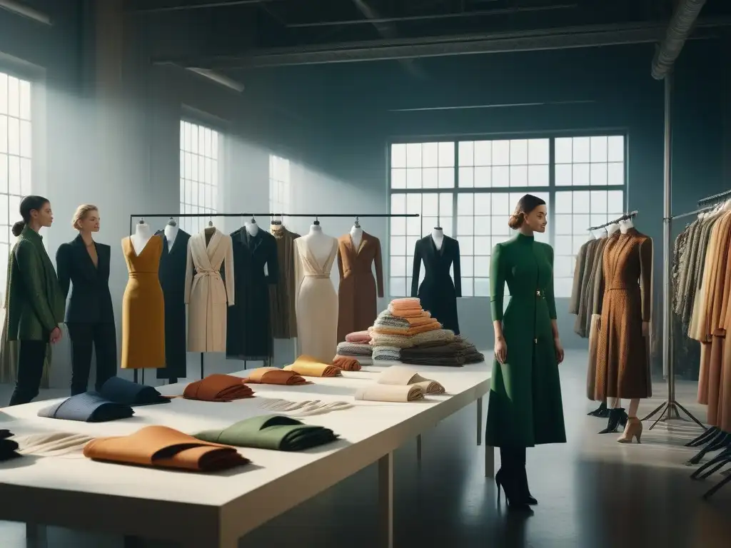 Diseñadores de moda sostenible: creatividad ecofriendly en estudio urbano Jóvenes diseñadores de moda sostenible emergentes del 2021 creando en un estudio urbano, rodeados de telas orgánicas y bocetos
