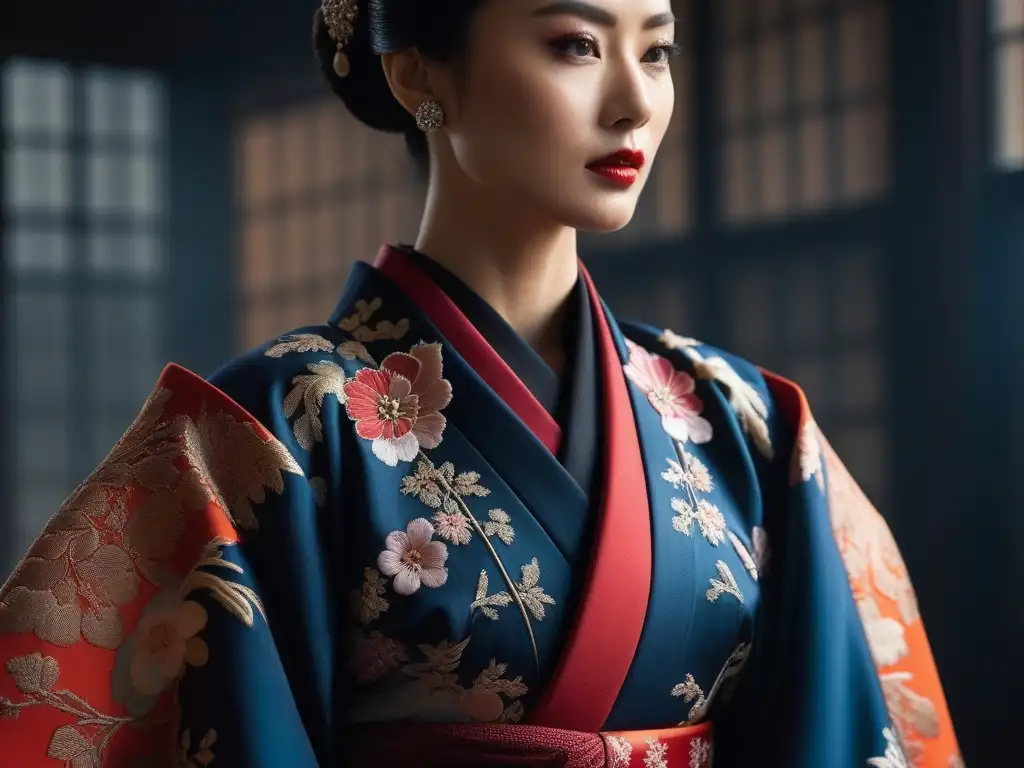 Kimono japonés fusionado con alta costura occidental Un kimono japonés tradicional fusionado con moda occidental en una imagen detallada y evocadora