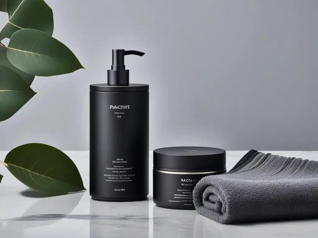 Kit de aseo masculino de lujo en negro y plata sobre mármol Kit de aseo masculino de alta gama con productos de cuidado de la piel en elegante empaque negro y plateado sobre mármol