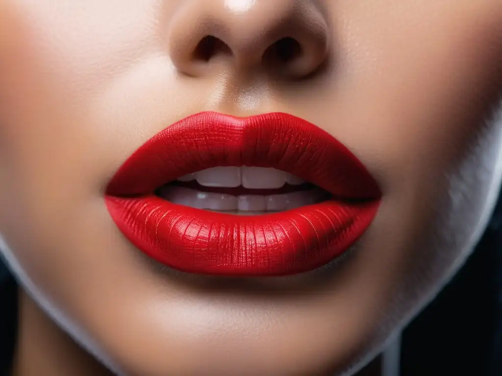 Intenso labial rojo aplicado con perfección Labiales no transfieren duración color: Detalle intenso de labial rojo aplicado en labios perfectos, resaltando su pigmentación y acabado impecable