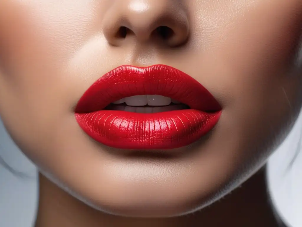 Labios perfectos con lipstick duradero en color vibrante Labiales no transfieren duración color: Detalle ultrapreciso de labios con lápiz labial vibrante y duradero, impecablemente aplicado