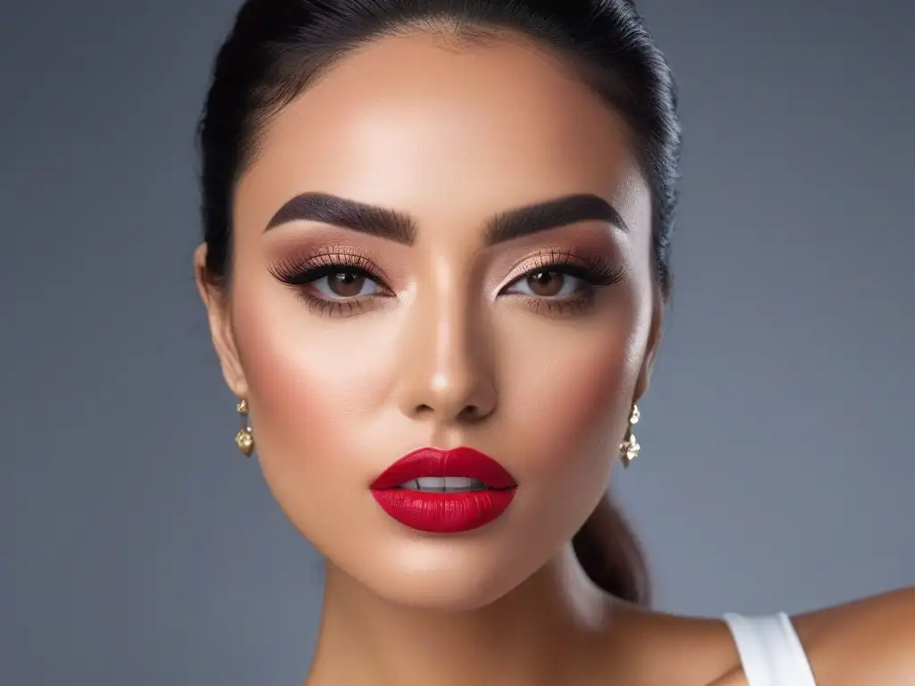 Lápiz labial duradero: labios perfectos sin manchas Labiales no transfieren duración color: Imagen detallada de mujer con maquillaje impecable y labial vibrante de larga duración sin manchas