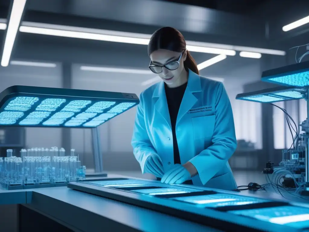 Innovación textil en laboratorio biotecnológico futurista Un laboratorio de alta tecnología con científicos en batas blancas, bioreactores brillantes y tejidos vivos, fusionando tecnología y moda
