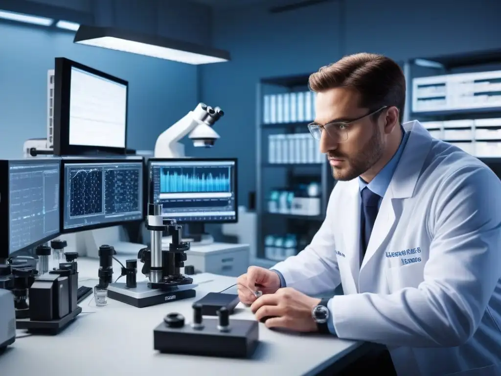 Análisis avanzado de productos para bajar de peso en laboratorio científico Un laboratorio científico moderno y detallado con equipamiento avanzado para analizar la verdad de productos adelgazantes