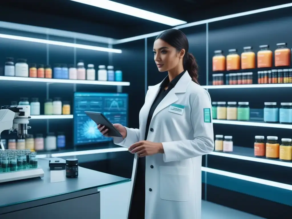 Laboratorio futurista de suplementos personalizados: innovación y precisión Un laboratorio futurista con científicos analizando fórmulas de suplementos personalizados en pantallas holográficas, lleno de innovación y precisión