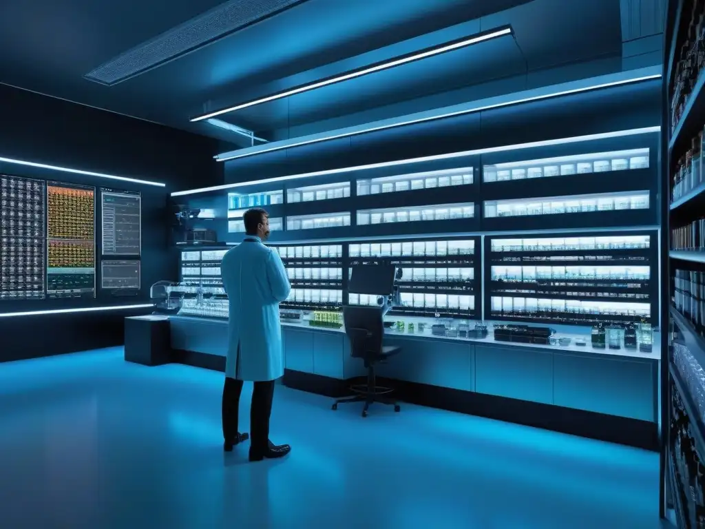 Avanzada investigación de suplementos nutricionales personalizados Un laboratorio futurista donde científicos analizan suplementos personalizados de nutrición bajo microscopios de alta tecnología