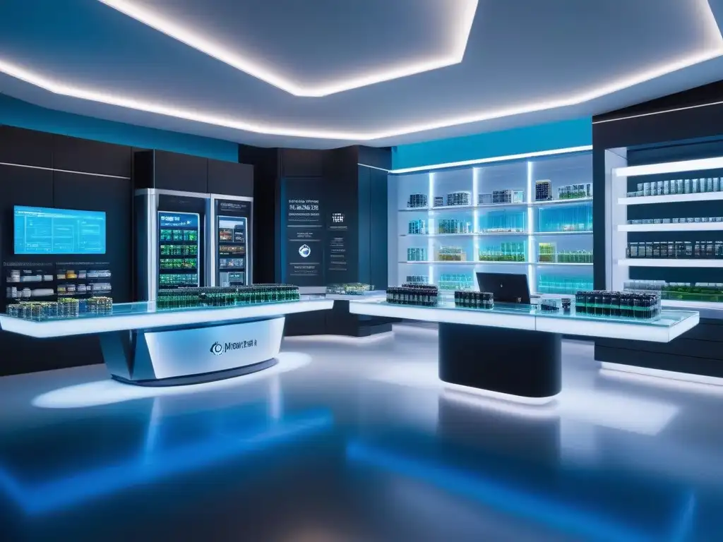 Lab de nutrición futurista: suplementos personalizados de vanguardia Un laboratorio de nutrición futurista y detallado donde se crean suplementos personalizados con tecnología de vanguardia