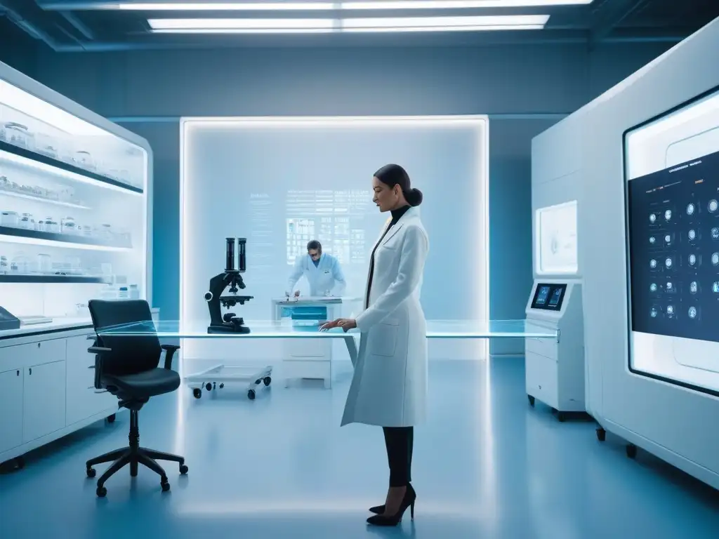 Moda futurista: Atelier biotecnológico de diseño de vanguardia Un laboratorio futurista de moda con tecnología de vanguardia para crear tejidos personalizados, fusionando ciencia y estilo