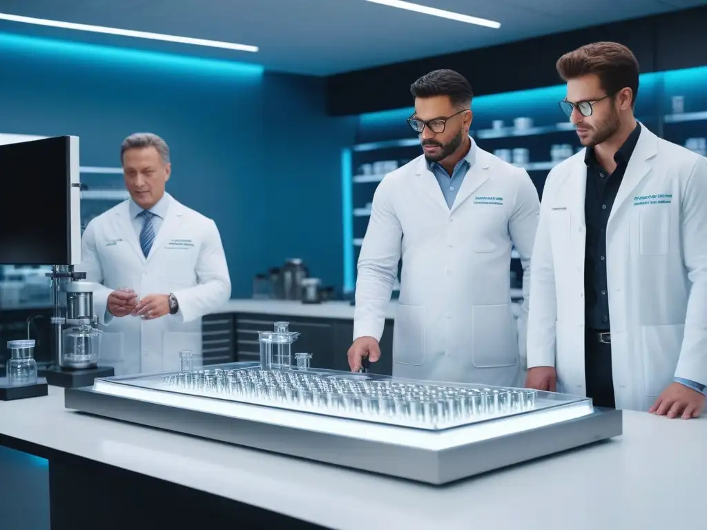 Lab innovador de suplementos personalizados: tecnología punta y precisión Un laboratorio futurista muestra tecnología puntera para crear suplementos personalizados nutrición medida