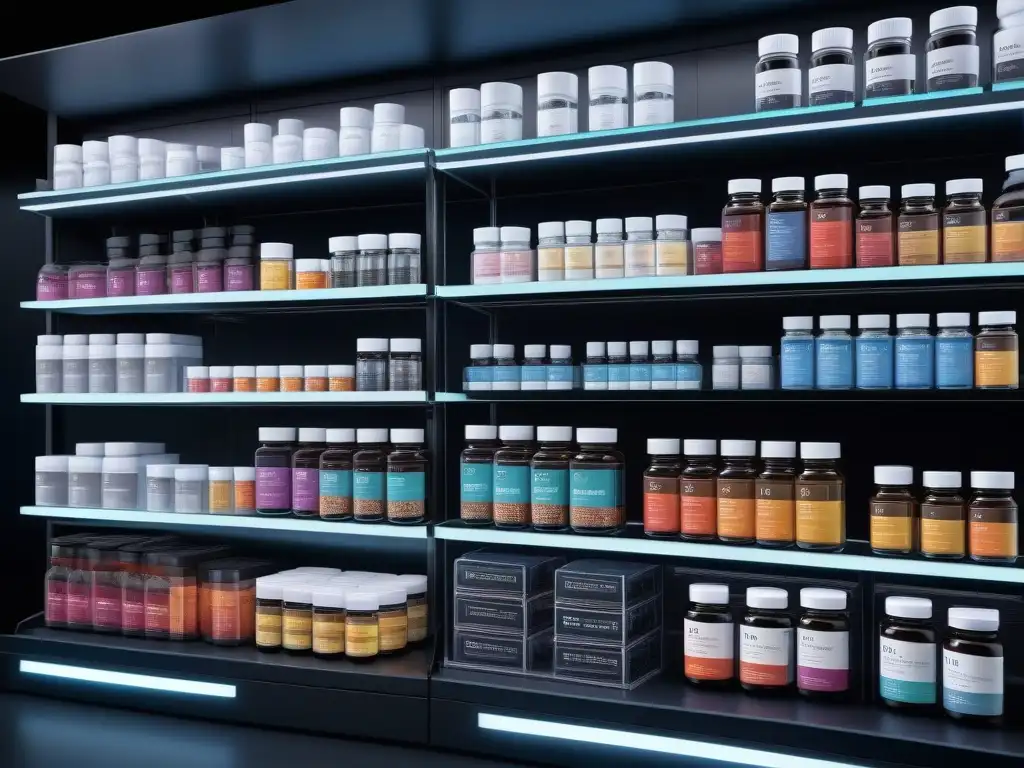 Suplementos hormonales: laboratorio moderno 8k Un laboratorio moderno con estantes llenos de suplementos hormonales para equilibrar, iluminado y profesional