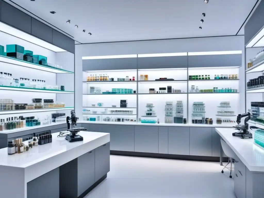Laboratorio de belleza de lujo con científicos analizando ingredientes Un laboratorio de skincare lujoso y moderno con científicos analizando ingredientes bajo una iluminación futurista
