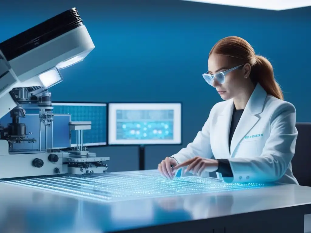 Laboratorio textil del futuro: innovación en materiales sostenibles Laboratorio textil futurista con científicos analizando datos en pantallas holográficas