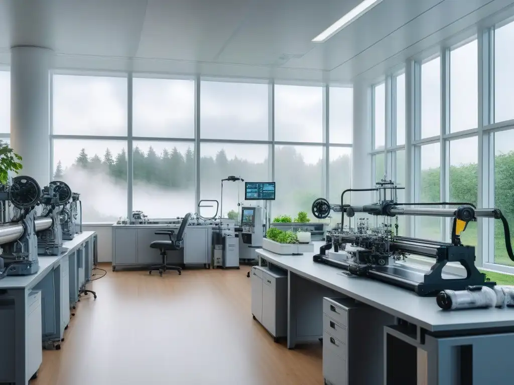 Laboratorio textil del futuro: innovación sostenible Laboratorio textil futurista con maquinaria avanzada y científicos creando moda sostenible nuevos materiales desarrollo