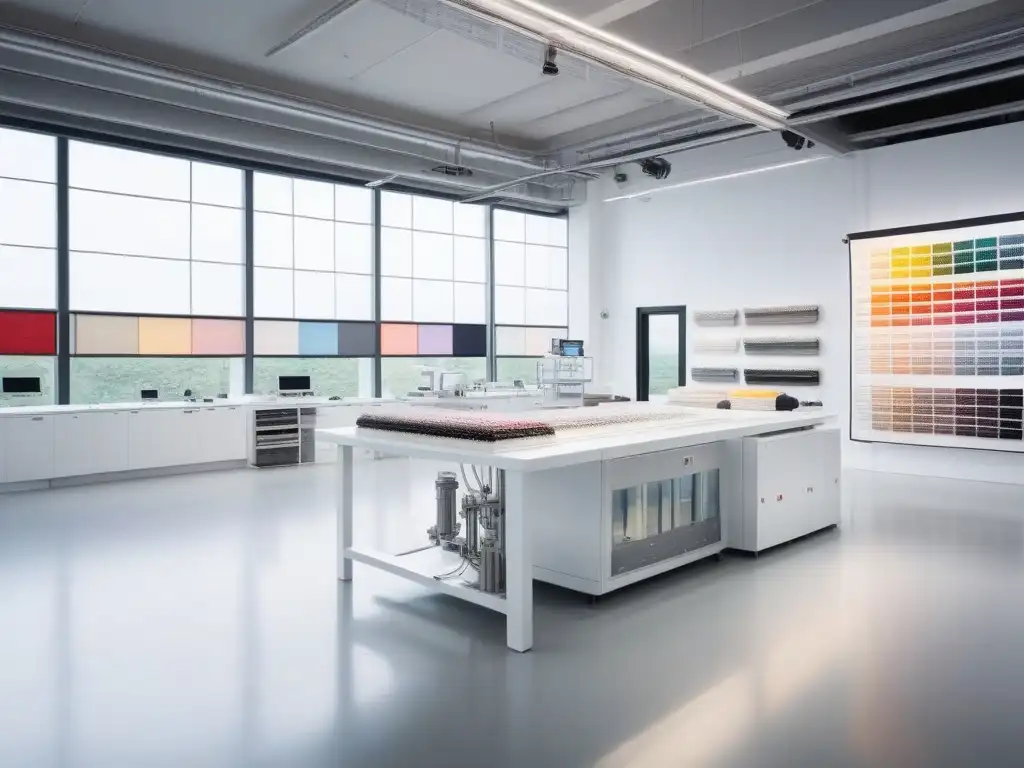 Laboratorio textil del futuro: creatividad sostenible Un laboratorio textil futurista con tejidos innovadores, moda sostenible y diseñadores creativos debatiendo