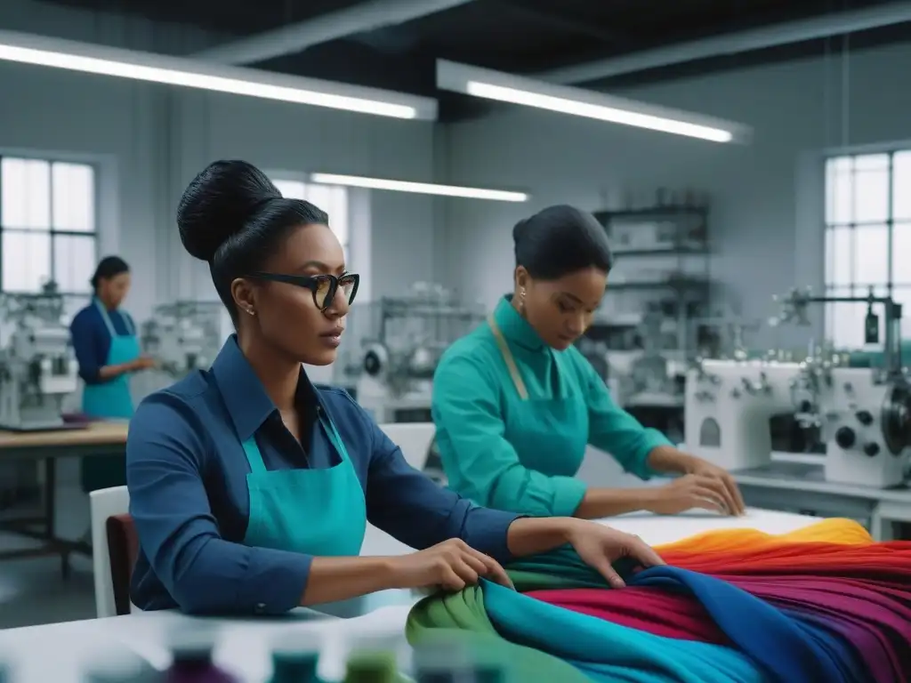 Equipo diverso de diseñadores de moda innovando en tintes sostenibles Un laboratorio textil moderno donde diseñadores de moda de diversas etnias y géneros colaboran en técnicas de teñido sostenible