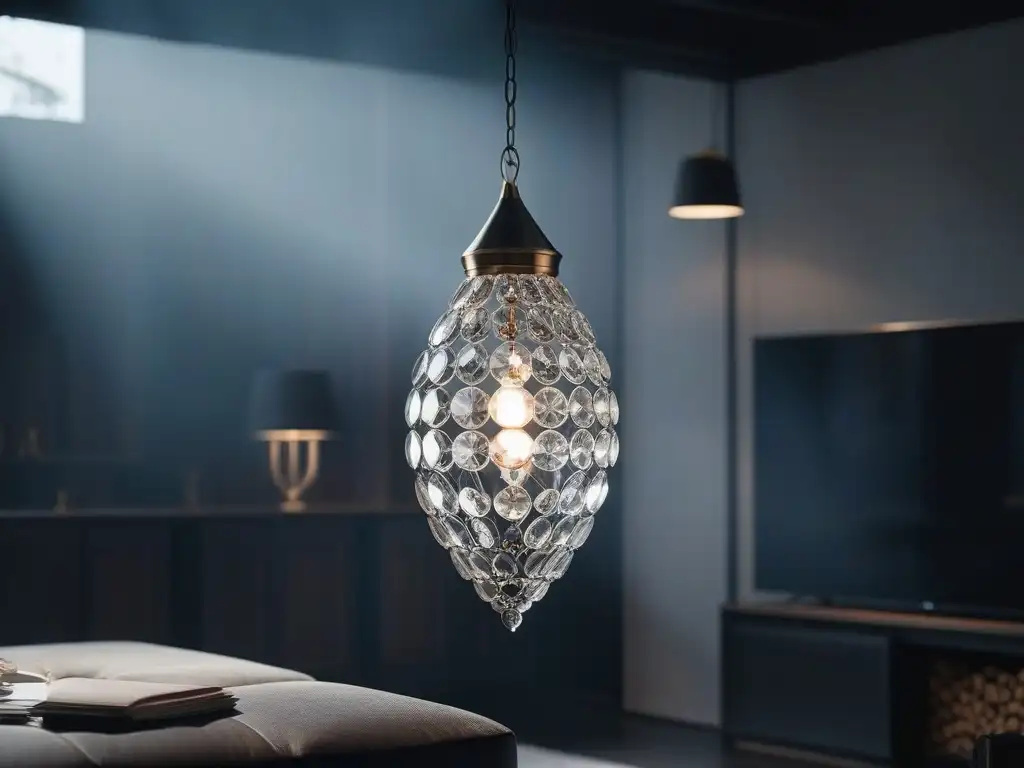 Chandelier de cristal ilumina salón moderno Una lámpara de lujo cuelga elegante en un salón contemporáneo, iluminando con un brillo cálido y sofisticado
