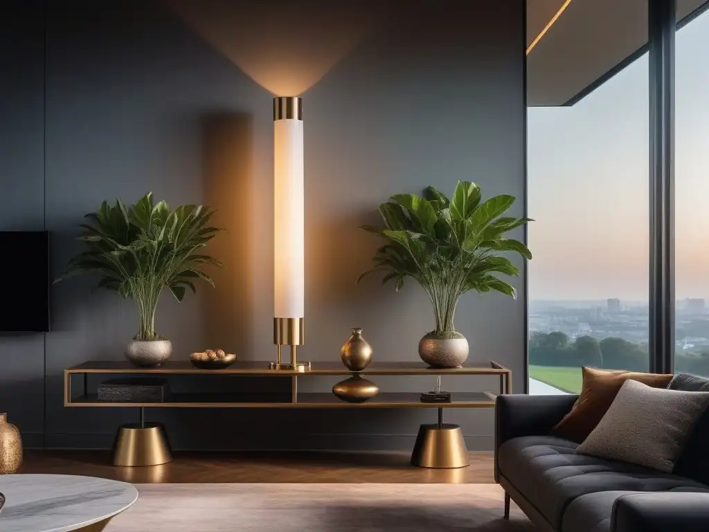 Lámpara de lujo iluminando elegante salón contemporáneo Lámpara de lujo iluminando sala elegante con decoración exquisita