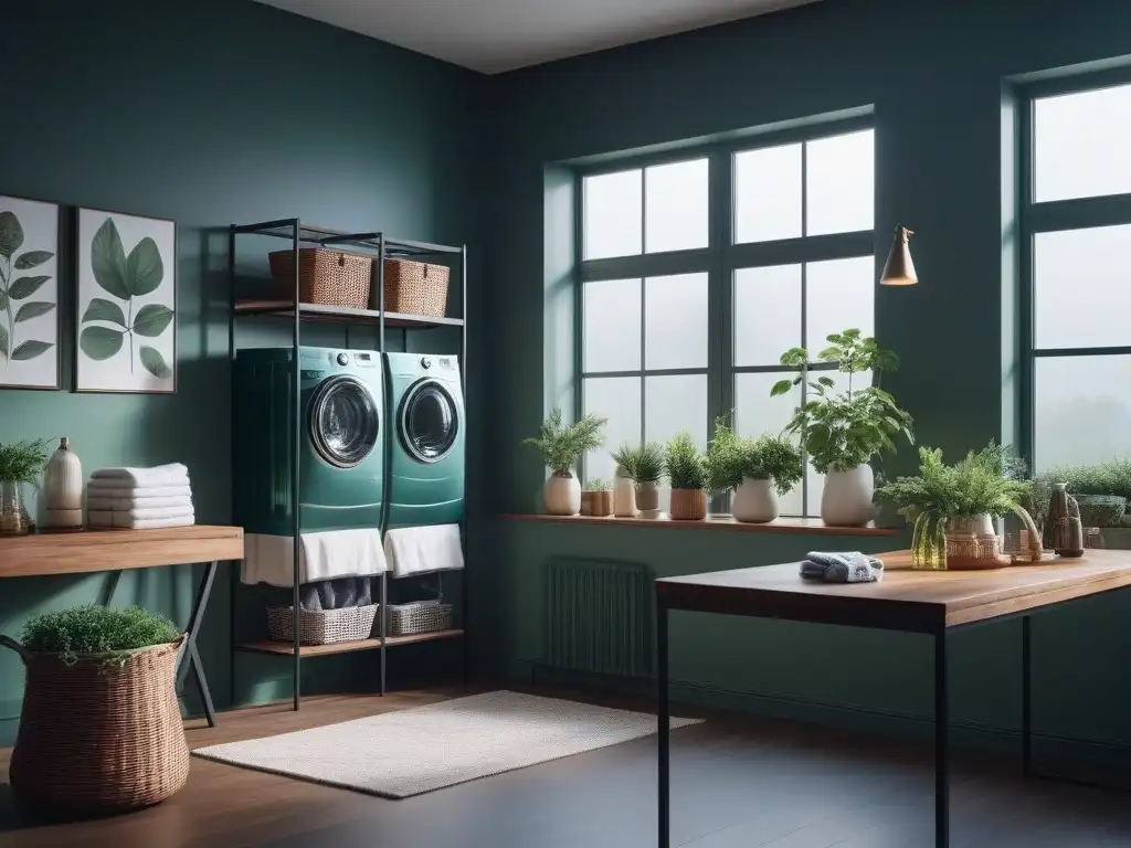 Moderna lavandería eco-friendly con estilo y armonía Un lavado ecoconsciente en un espacio tranquilo y sostenible, con productos y ropa vibrante