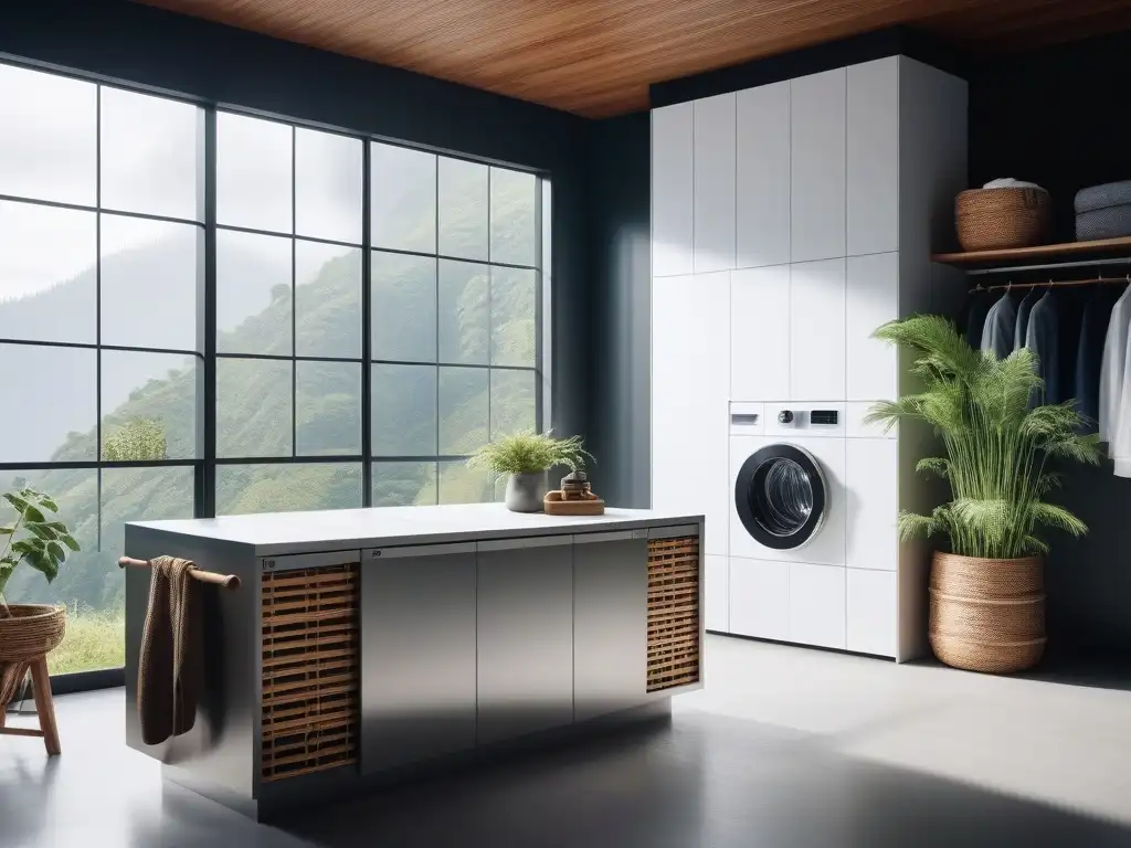 Lavandería ecológica: diseño minimalista y sostenible Un lavado ecoconsciente para tu ropa y el planeta: moderno cuarto de lavado con cestas de bambú, detergentes ecológicos y plantas verdes