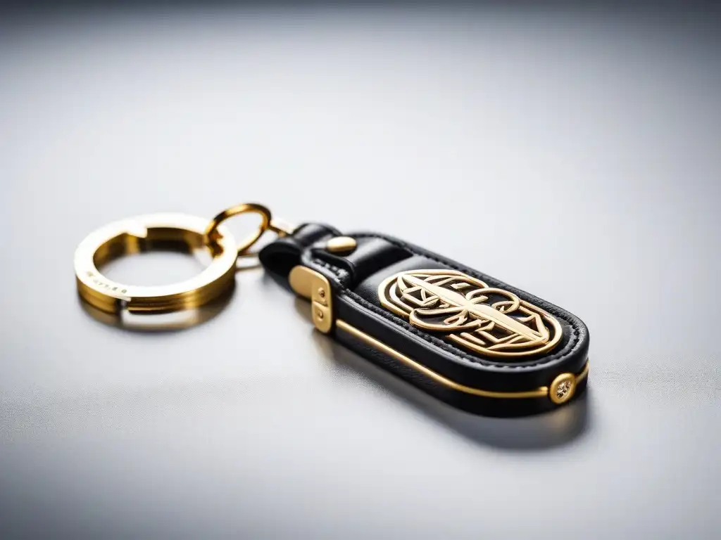 Llavero de diseño exclusivo: cuero premium y detalles dorados Un llavero de diseñador exclusivo en cuero premium y detalles dorados, elegante sobre fondo blanco minimalista