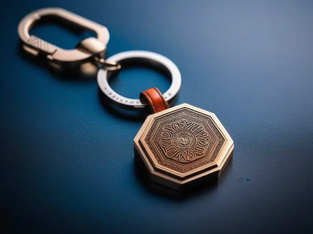 Exquisito llavero de diseño de lujo con detalles ultradetallados Un llavero de diseñador exclusivo, con detalles lujosos en metal pulido y cuero fino, en un fondo minimalista iluminado
