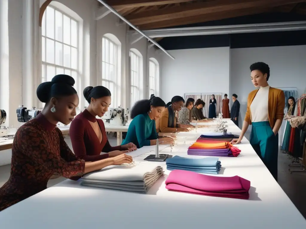 Diseñadores de moda colaboran en loft creativo Un loft luminoso donde diseñadores y trabajadores crean moda sostenible juntos