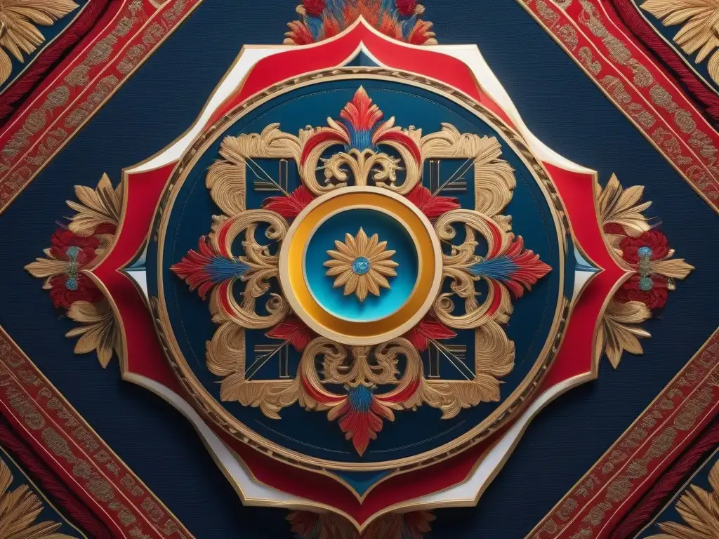 Logo de lujo entrelazado: símbolos culturales y exclusividad Un logo de marca de lujo tejido en una tela vibrante con símbolos culturales, representando moda inclusiva