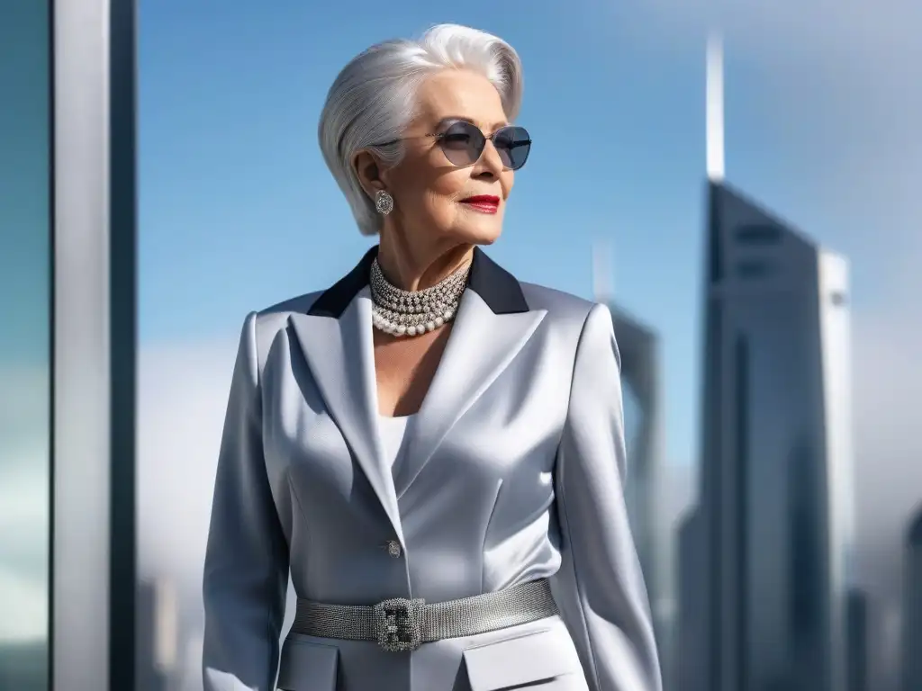Estilo senior: sofisticación y modernidad en gris Moda senior para renovar look: Una mujer mayor elegante con cabello plateado y atuendo monocromático gris, joyas plateadas, de pie en la ciudad
