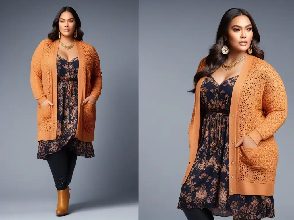 Moda plussize en transición: elegancia otoñal y delicadeza primaveral Un look plus size para transición de estaciones: mezcla de prendas otoñales y livianas en tonos cálidos y pasteles