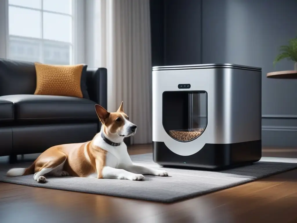 Alimentador de mascotas futurista en sala de diseño moderno Lujo y tecnología: comedero futurista para mascotas en sala minimalista con gadgets de lujo para mascotas