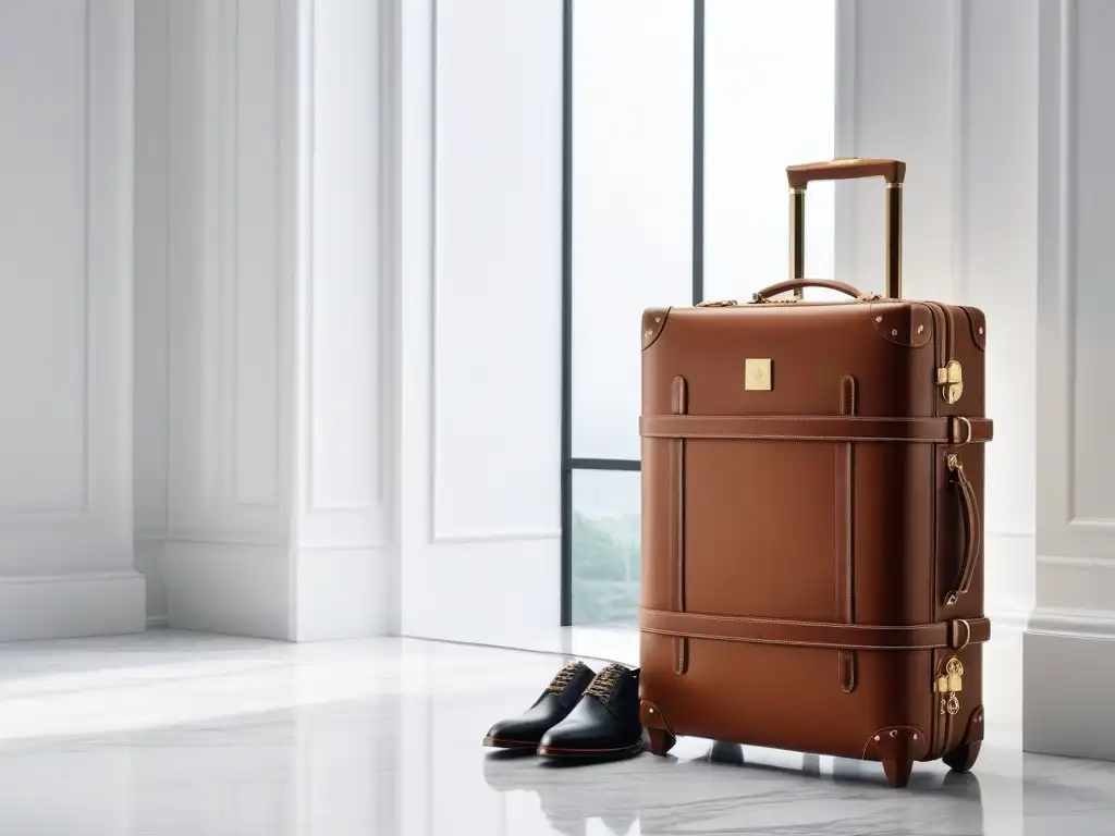 Equipaje de lujo: maletas y mochilas elegantes en un ambiente sofisticado Elección de lujo: maleta moderna y mochila elegante en suelo de mármol, iluminadas por luz natural