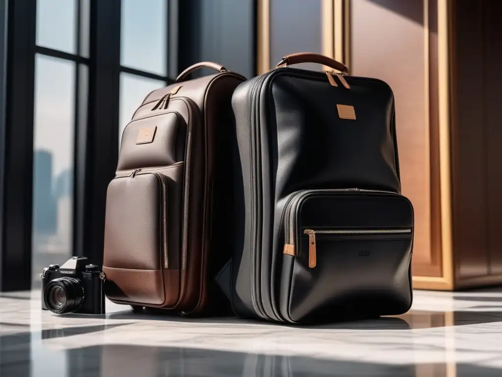 Kit de viaje de lujo: mochila de cuero y maleta elegante en mármol Elección de lujo: maletas y mochilas elegantes en mármol con accesorios de alta gama, bañados por luz natural