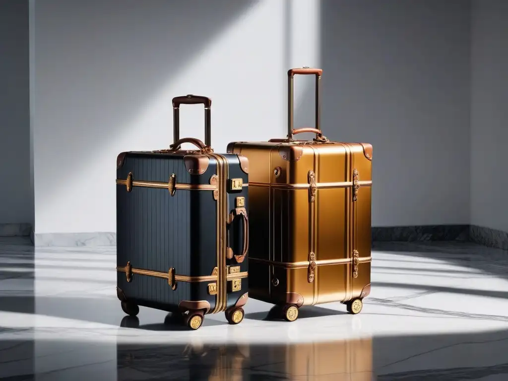 Equipaje de lujo: maletas y mochilas de diseño premium en mármol Elección de lujo: maletas y mochilas elegantes en suelo de mármol, destacando detalles y texturas