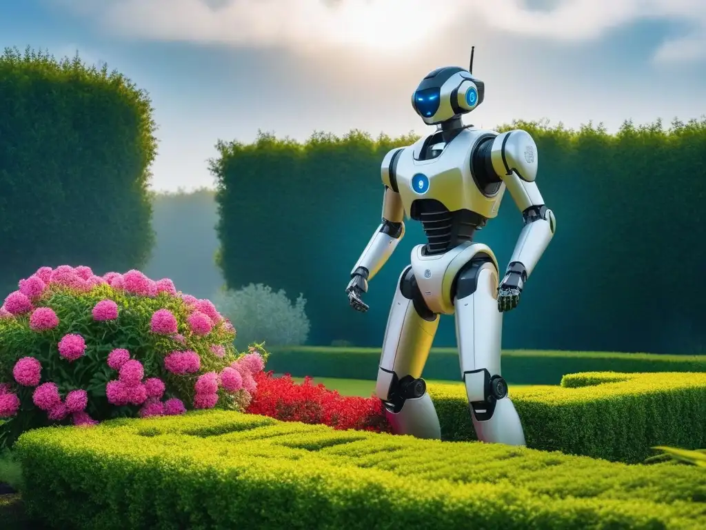 Robot de jardinería futurista recortando setos en jardín lujoso Un jardín de lujo con un robot de jardinería de alta tecnología recortando setos, rodeado de flores y naturaleza exuberante bajo un cielo azul claro