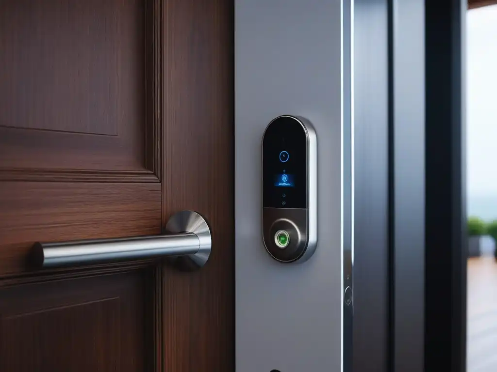 Smart lock futurista en puerta de madera oscura Lujo y tecnología en cerraduras inteligentes para un hogar moderno