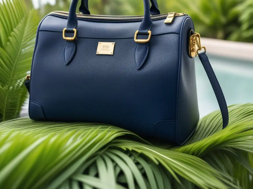 Bolso de viaje de cuero vegano en azul marino: lujo y elegancia Una lujosa bolsa de viaje de cuero vegano en azul marino, con detalles elegantes y diseño minimalista, sobre mármol y hojas verdes