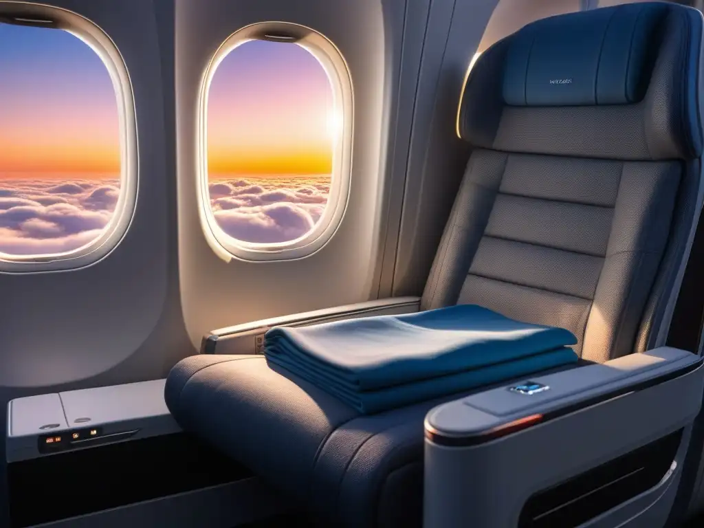 Suntuoso asiento de avión de primera clase con vista al atardecer Una lujosa butaca de avión en primera clase con ropa de cama mullida y elegante sistema de entretenimiento personal, iluminación ambiental suave, todo con una impresionante vista del atardecer desde las nubes
