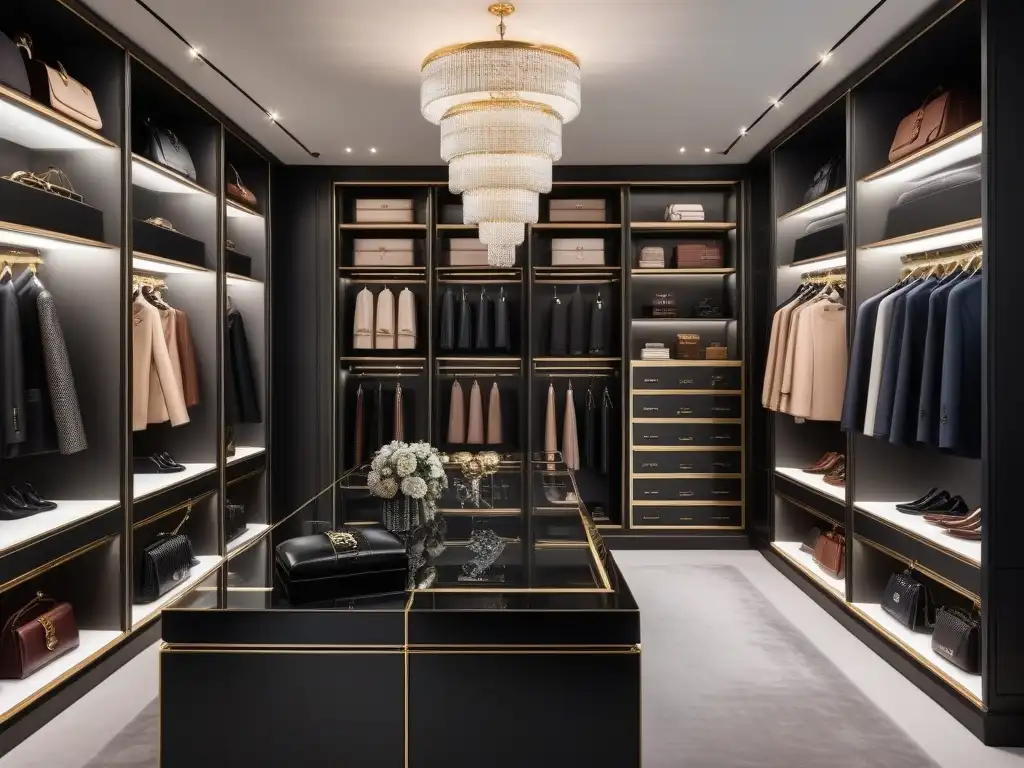 Armario de lujo con accesorios de alta gama organizados Una lujosa colección de accesorios de alta gama resplandece en un elegante vestidor moderno, iluminado con estilo contemporáneo