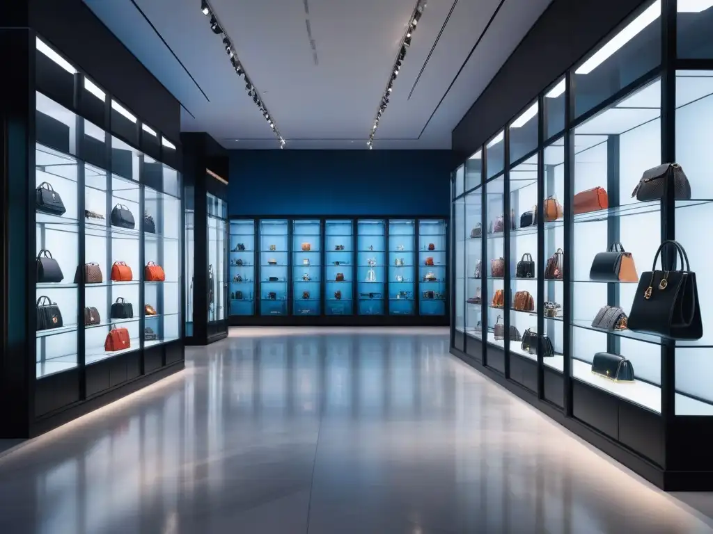 Exhibición de lujo: Accesorios de moda en museo elegante Exhibición lujosa de complementos en museo de moda, con detalles y materiales de alta gama