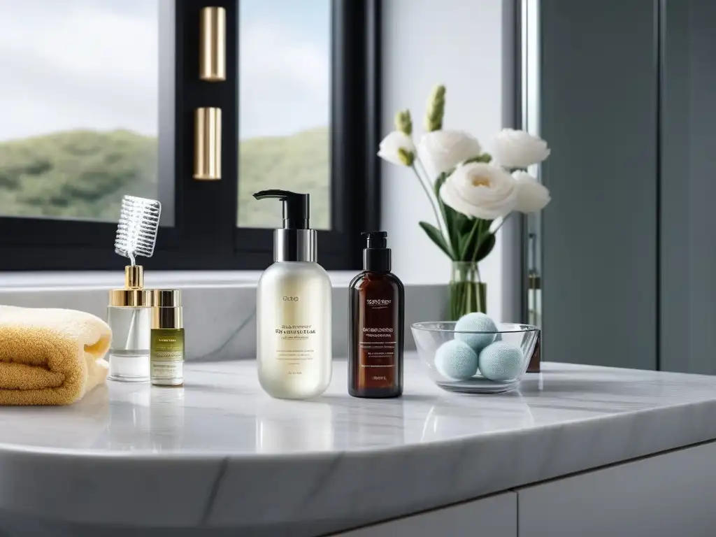 Spa en Casa: Productos de Lujo para el Cabello en un Baño Moderno Una lujosa imagen de un baño moderno con una mesa de tocador elegante, productos de alta gama para el cabello y tratamientos capilares en casa