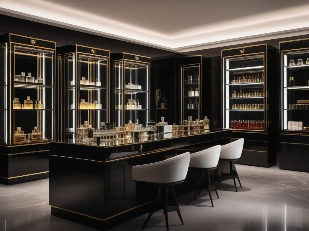 Boutique de perfumes de lujo: fragancias exclusivas en elegante escenario Exhibición lujosa de perfumes con diseños elegantes y detalles intrincados en una boutique moderna