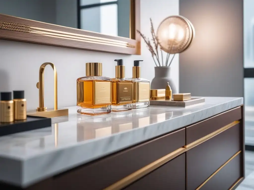 Vanity de lujo con productos de belleza exclusivos Vanity lujosa con productos belleza de lujo tendencias 2023: tarros dorados, paletas diseño y elegantes frascos perfume